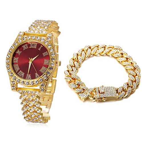 HALUKAKAH orologio d'oro con diamanti, donna placcato oro 18 carati plated 36mm larghezza rosso quadrante quartz 20cm con catena cubane18cm bracelet, confezione regalo gratuita