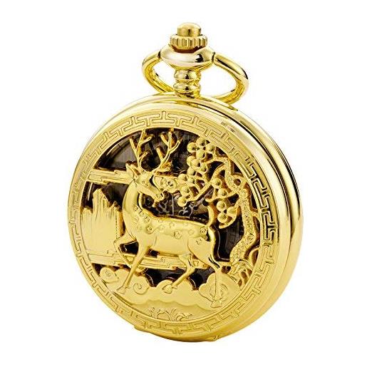 TREEWETO vintage orologio da tasca meccanico doppia copertura cassa cava scheletro steampunk cervo caso uomini donne, oro