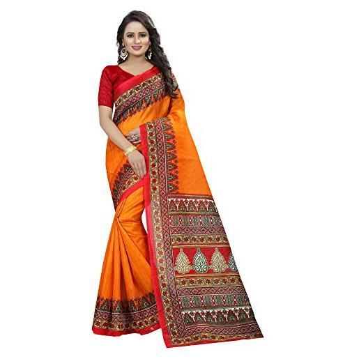 ETHNICMODE indian women's bhagalpuri silk fabrics multi-colored printed sari with blouse piece (fabric) devdas yellow