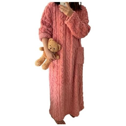 NOZEM vestiti per la casa del velluto di corallo invernale, pigiama domestico ispessito della flanella della peluche delle donne, pigiama extra lungo del pile, rosa, m-115cm(45in)