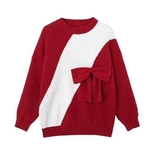 HIMI HIMIFASHION maglioni lavorati a maglia con fiocco dolce per le donne girocollo a maniche lunghe casual maglieria vestibilità ampia maglione pullover, rosso, l