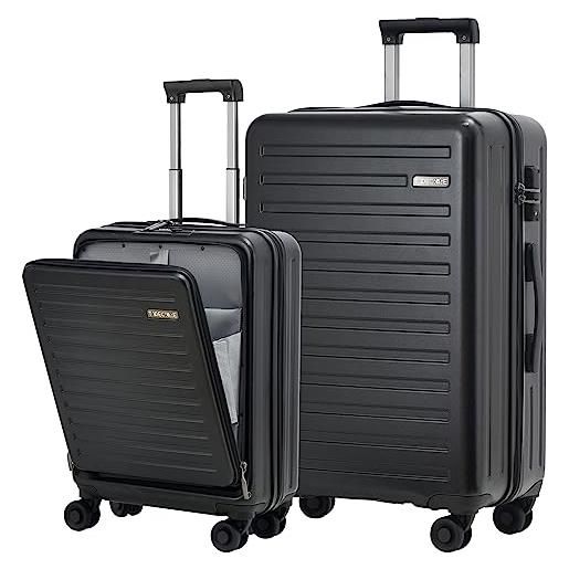 TydeCkare set di valigie da 2 pezzi 55/76 cm trolley da viaggio, 55 cm con tasca frontale, bagaglio rigido leggero in abs + pc, con lucchetto tsa e 4 ruote, cerniera ykk, nero