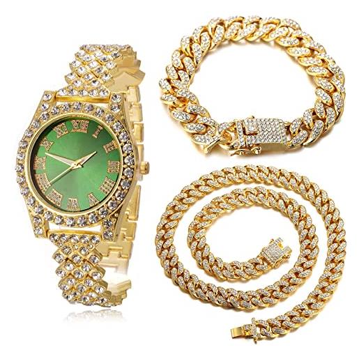 HALUKAKAH orologio d'oro con diamanti, donna placcato oro 18 carati plated 36mm larghezza verde quadrante quartz 20cm con catena cubane18+40cm collana bracciale, confezione regalo gratuita