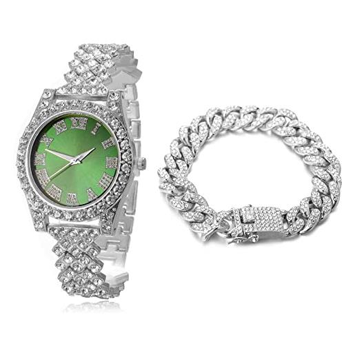 HALUKAKAH orologio d'oro con diamanti, donna platino placcato oro bianco 36mm larghezza verde quadrante quartz 20cm con catena cubane18cm bracelet, confezione regalo gratuita