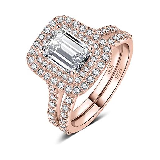 JewelryPalace 2.9ct classico anello halo donna argento con cubic zirconia, anelli impilabili argento 925 con pietra a taglio smeraldo, fedi nuziali oro rosa anello fidanzamento set gioielli donna 14.5