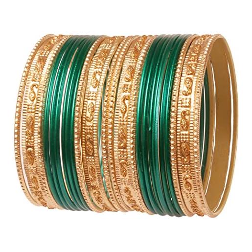 Touchstone indian bollywood colorful 2 dozen bangle collection golden glitters textured teal green color large size designer jewelry special bangle bracelets set of 24 in gold tone for women. 