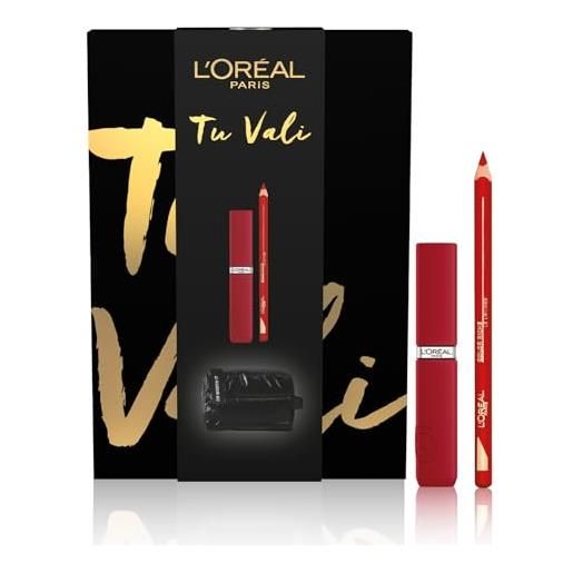 L'Oréal Paris, pochette regalo con rossetto infaillible matte resistance 420 e matita labbra le lip liner 297, per labbra effetto velluto, con esclusivo beauty case piumino