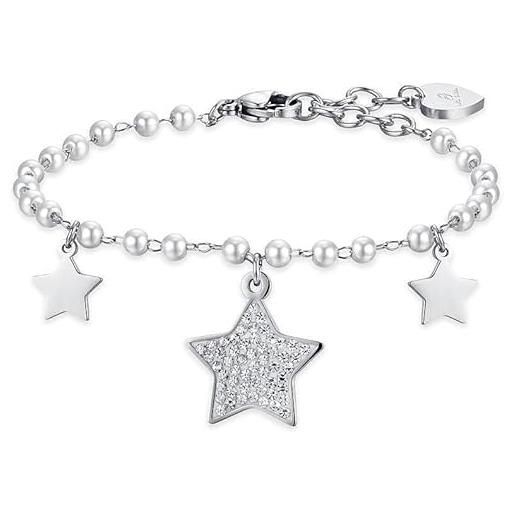 Luca Barra bracciale donna. Bracciale in acciaio con perle bianche e stelle. Bracciale di lunghezza: 16 + 3 cm, misura stella: 16 x 16 mm. La referenza è bk2437