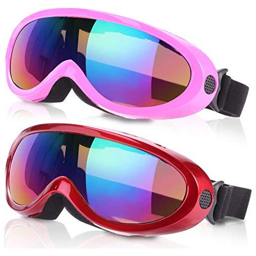 Yizerel noorlee, occhiali da sci, confezione da 2, per bambini, ragazzi e ragazze, antivento, con protezione uv 400 e lenti antiriflesso, rosa multicolore/rosso multicolore. 