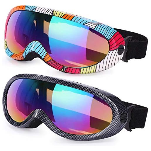Yizerel noorlee, occhiali da sci, confezione da 2, per bambini, ragazzi e ragazze, antivento, con protezione uv 400 e lenti antiriflesso, rosa multicolore/rosso multicolore. 