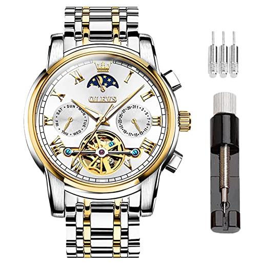 OLEVS mens automatic watches skeleton mechanical self winding luxury dress wrist watch moon phase day date waterproof luminous two tone watches gifts