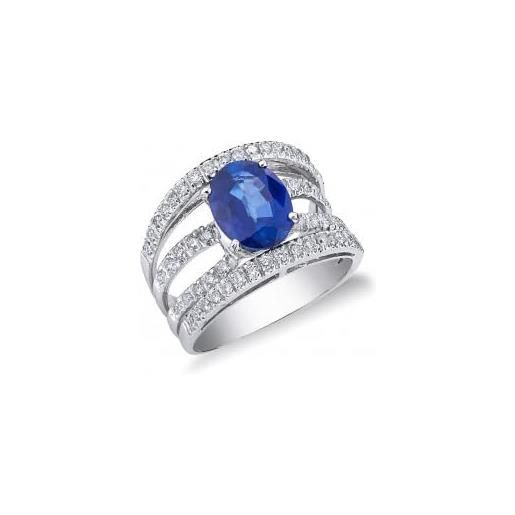 GV GIOIELLI DI VALENZA anello in oro bianco 18k con diamanti e zaffiro blu centrale taglio ovale. 