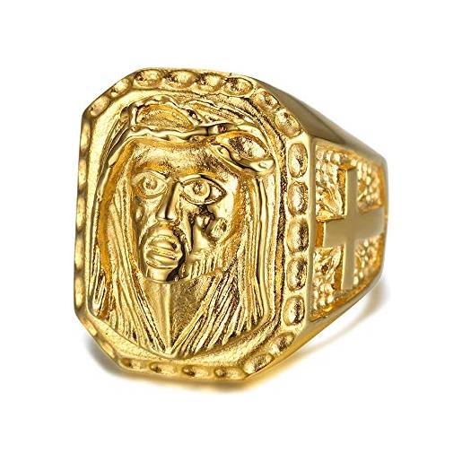 BOBIJOO JEWELRY - grande anello con castone, una testa d'oro di gesù, croce, acciaio inossidabile, oro viaggiatori zingari - 14 (7 us), d'oro - acciaio inossidabile 316