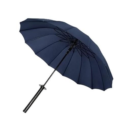 INSTUS samurai - ombrello con manico lungo, spesso antivento, con coltello dritto, grande ombrello con custodia per ombrello, 16 k-102 cm, colore: blu