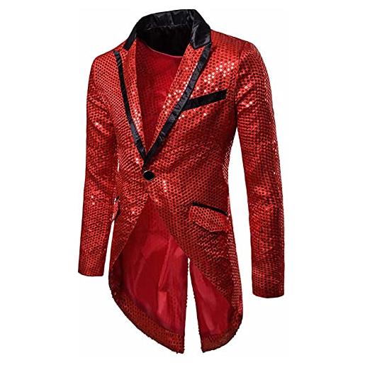 DAY8 Uomo day8 blazer uomo con paillettes vestito uomo completo giacca elegante slim fit manica lunga abito uomo elegante completo one button suit giacca cappotto corto davanti lungo dietro (rosso, l)