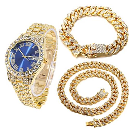 HALUKAKAH diamanti orologio oro, uomo placcato oro reale 18k 42mm largo blu componi quarzo cinturino 24cm con link cubano catena 20+45cm collana bracciale set, con scatola regalo