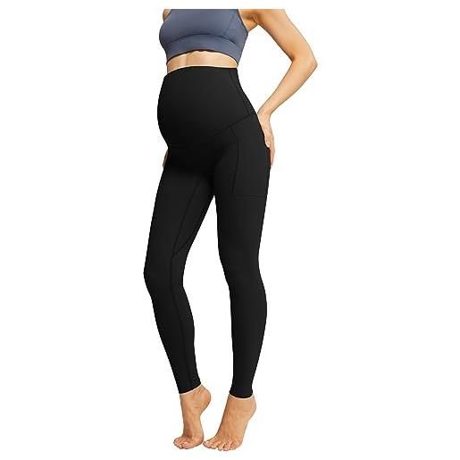 Maacie maternity leggings elasticizzati elasticizzati morbidi e caldi pantaloni da yoga per donne incinte, nero con cuciture piatte, xl