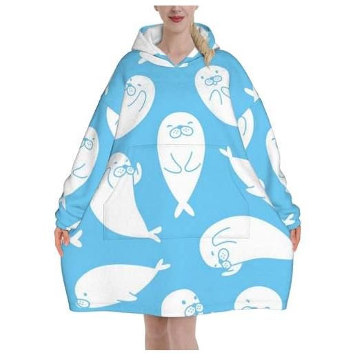ELMAIN coperta indossabile con cappuccio da donna, motivo foca dei cartoni animati, sfocato, morbida, oversize, con cappuccio, multicolore, multicolore, 320g flannel