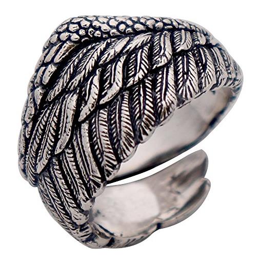 ForFox anello piuma ala d'angelo in argento sterling 925 nero vintage per uomo donna regolabile