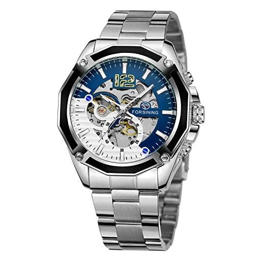 FORSINING orologio da polso da uomo di lusso famoso top brand automatico orologio da polso impermeabile scheletro meccanico orologi da polso, bianco e blu, 