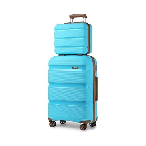 KONO set di 2 valigie + beauty case trolley bagaglio a mano 55cm rigida trolley da viaggio in polipropilene con 4 ruote rotanti e lucchetto tsa, blu/marrone