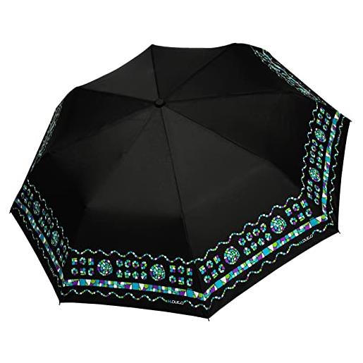 H.DUE.O ombrello donna pieghevole automatico. Ombrello da borsa antivento ultra robusto. Disegno mosaico fondo nero. Custodia antigoccia [mosaic] [nero/turchese]