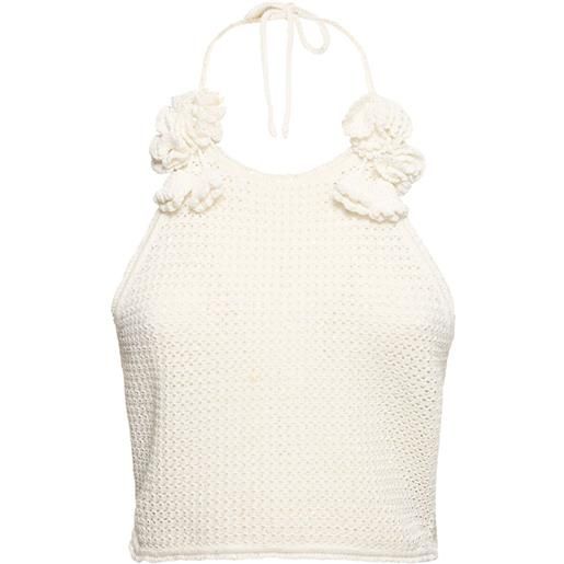 SELF-PORTRAIT crop top in crochet con chiusura al collo e rose