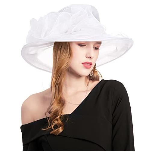 Z&X cappello da chiesa del kentucky derby in organza con fiore a tesa larga per matrimoni, tea party, doppio uso, 02a- bianco e nero, taglia unica