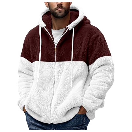 Generic giacca pelosa da uomo casual a blocchi di colore a maniche lunghe con cerniera maglione spesso in pile di cotone felpato con cappuccio cappotto, vino, l