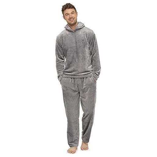 Duohropke pigiama da uomo lungo inverno caldo pile morbido pigiama con cappuccio in due pezzi, set di biancheria da notte con cappuccio, grigio. , l