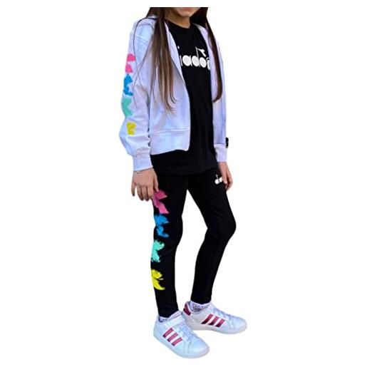 Diadora completo fitness tuta ragazza 12 anni - 152 cm con felpa zip bianca + legging e t-shirt nera