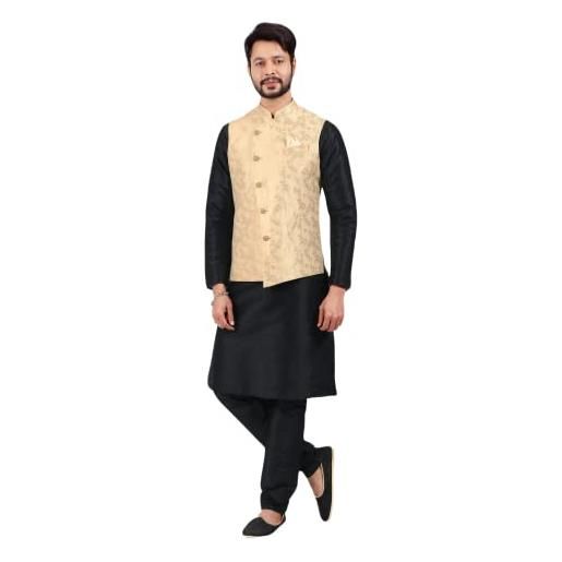 Shreyanvi indiano tradizionale matrimonio groomsmen abbigliamento etnico gilet partito usura kurta pigiama set con giacca nehru per uomo, oro 1, 48