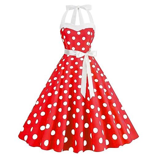 OBEEII rockabilly, abito da donna anni '50, stile polka a pois, stile vintage, linea a-line swing, colore: rosso, s