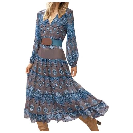 shownicer abito donna casual maniche lunghe vestito donna vintage a fiori con scollo a v e vita alta abito elegante per autunno a blu m
