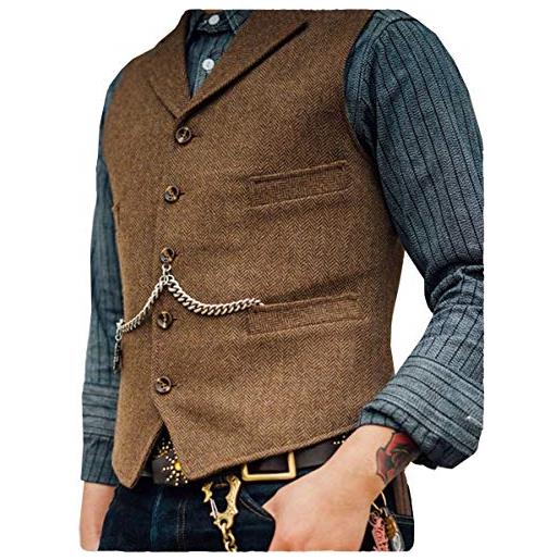 HSLS slim fit suit vest tweed spina di pesce matrimonio gilet formale su misura, marrone, small