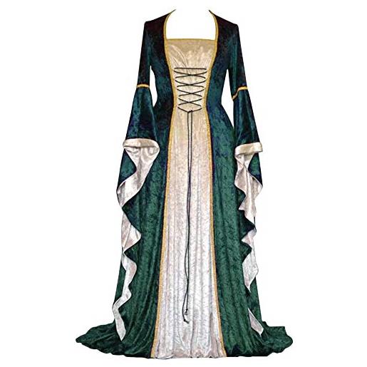 Mengmiao donna vintage rinascimentale medievale cosplay abito manica lunga vestito verde s