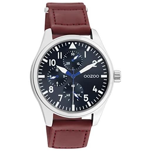 Oozoo orologio da uomo con cinturino in velcro in nylon, diametro 42 mm, quadrante cronologico, argento/petrolio/rosso-marrone, cinghia