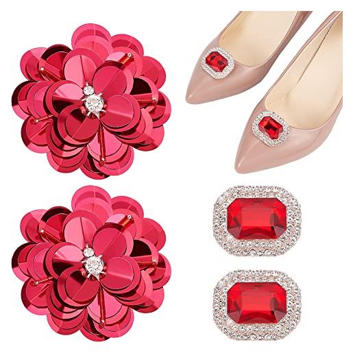 WEBEEDY 2 paia di fermagli per scarpe con strass con fiore rosso con paillettes e strass per scarpe staccabili per scarpe da donna