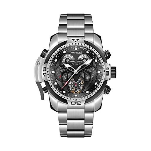 REEF TIGER fashion design sport orologio meccanico automatico quadrante ragno con complicato calendario anno mese bracciale in acciaio orologi rga3532sp (rga3532sp-yby)