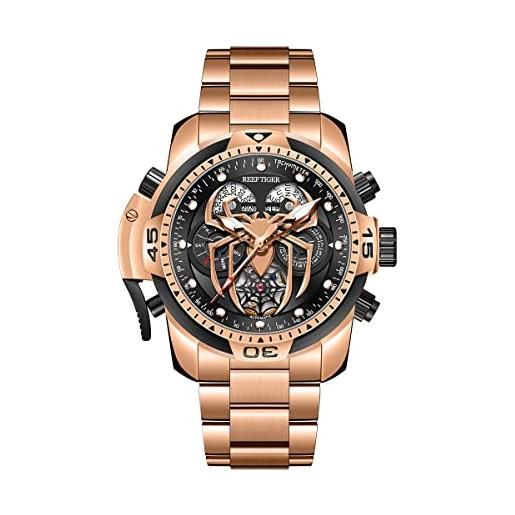 REEF TIGER fashion design sport orologio meccanico automatico quadrante ragno con complicato calendario anno mese bracciale in acciaio orologi rga3532sp (rga3532sp-pbpo)