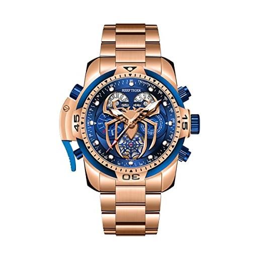 REEF TIGER fashion design sport orologio meccanico automatico quadrante ragno con complicato calendario anno mese bracciale in acciaio orologi rga3532sp (rga3532sp-plp)