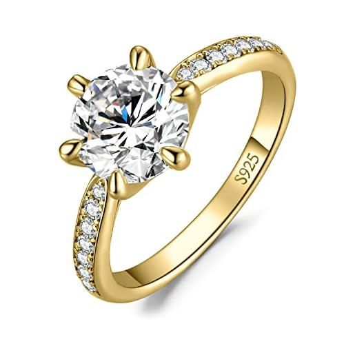 JewelryPalace 3ct classico anello solitario donna argento 925 con cubica zirconia, diamante simulato anelli dorati con pietre laterali, semplice fedine fidanzamento in oro set gioielli donna 9.5