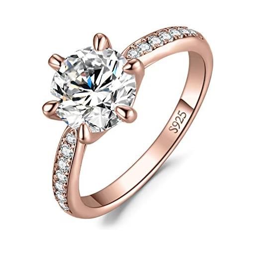 JewelryPalace 3ct classico anello solitario donna argento 925 con cubica zirconia, diamante simulato anelli con pietre laterali, semplice fedine fidanzamento in oro rosa set gioielli donna 22