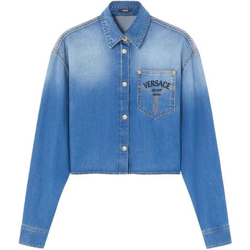 Versace camicia denim crop con ricamo - blu