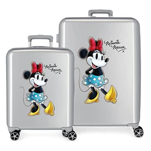 Disney set valigie Disney 100 minnie joyful grigio 55/70 cm abs rigido lucchetto tsa integrato 119l 6 kg 4 doppie ruote bagaglio a mano