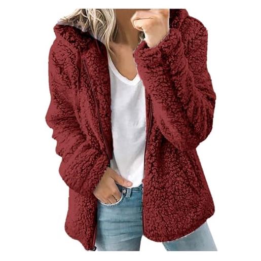 EflAl giacca leggera in pile cappuccio donna cappotto oversize cerniera invernale tinta unita con risvolto sfocato cardigan comodo alla moda (color: red, size: xl)