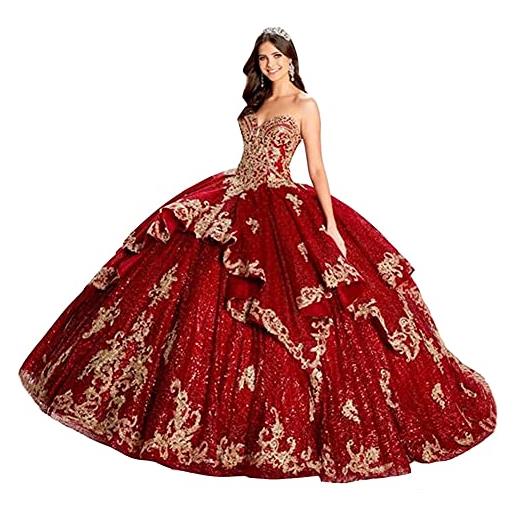 Snow Lotus principessa di lusso delle donne rosso perline quinceanera abito pizzo applique con mantello abiti da ballo sweetheart dolce 16 abito, nero , 42