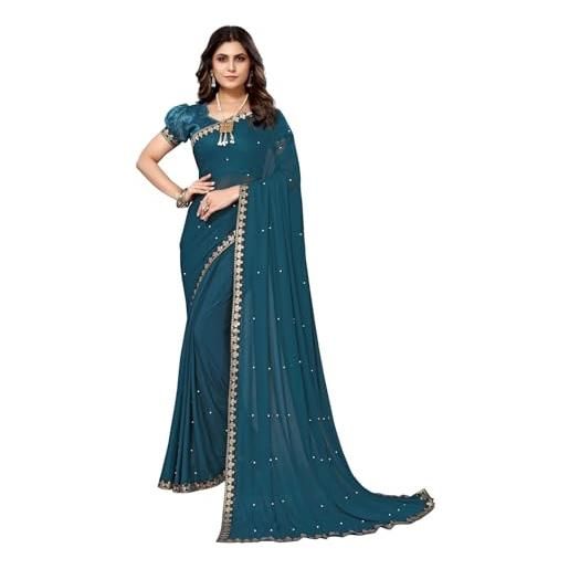 IMTRA FASHION sari da donna goergette in seta con filo lavoro sari e camicetta non cucita, blu navy, l