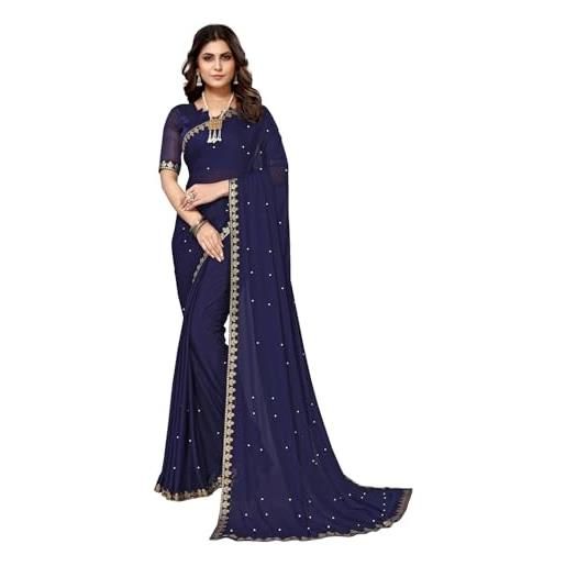 IMTRA FASHION sari da donna goergette in seta con filo lavoro sari e camicetta non cucita, verde, l