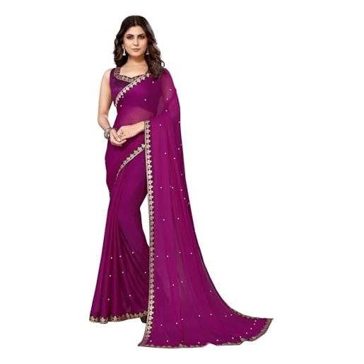 IMTRA FASHION sari da donna goergette in seta con filo lavoro sari e camicetta non cucita, viola, l